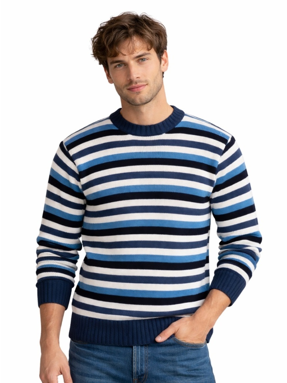 Gamboa men’s alpaca wool crew pullover blue striped sweater size medium Bolivia